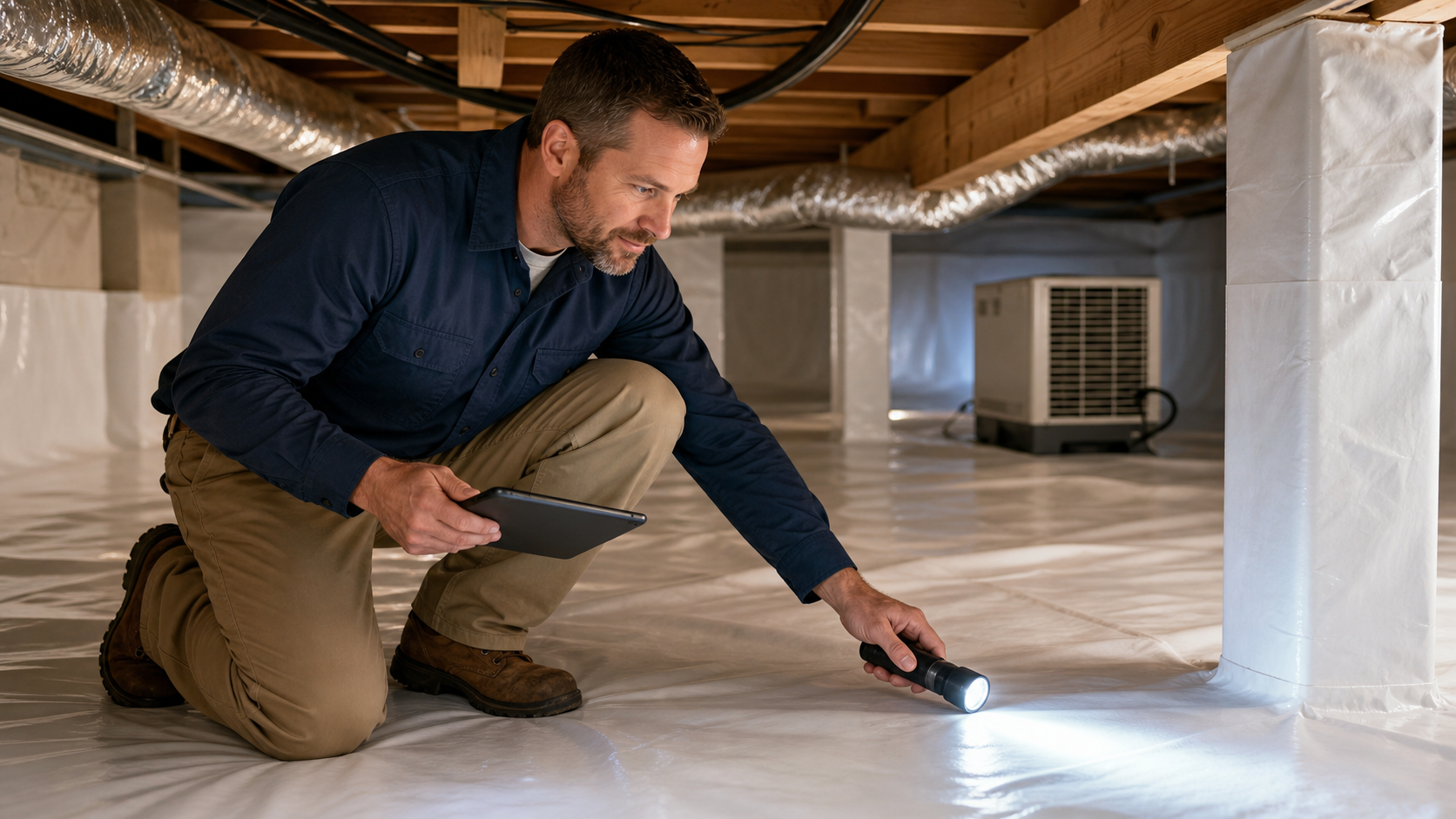 Crawl space technician inspecting a clean encapsulated area in Columbia, SC