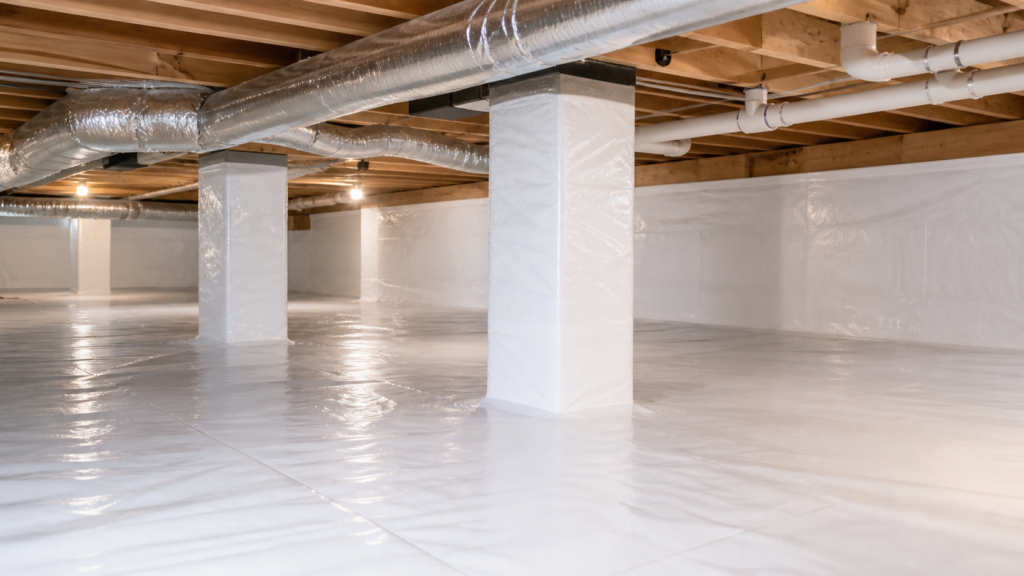 Wide view of a finished white crawl space encapsulation system in Columbia, SC